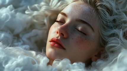 young women sleep surrounded by fluffy clouds in the sky. Created with Generative AI.	