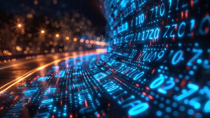 Fototapeta premium blue digital binary data on computer screen, Neon binary data stream. Flowing digits in a digital background