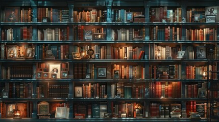 Detailed view of a bookshelf where covers display dynamic scenes from within - obrazy, fototapety, plakaty