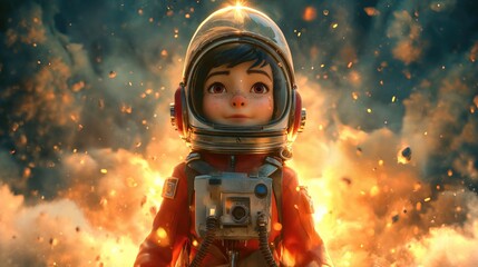 Cartoon kid space explorer. Astronaut boy with space helmet. Created with Generative AI.