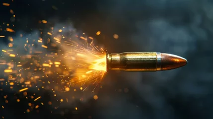 Schilderijen op glas a bullet being fired from a gun, Bullet shooting out from gun. Close-up of a bullet coming out of a gun. weapon © saichon