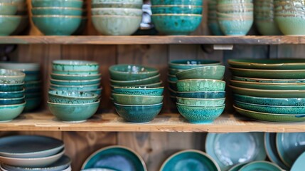 Artisan Handcrafted Ceramic Tableware Collection on Wooden Shelves in Boutique
