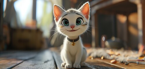 Cute cat smiling. Cartoon animation style. Created with Generative AI. - obrazy, fototapety, plakaty