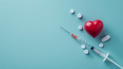 Concept medical treatment, heart, pills and syringe on blue background, medical first aid concept, health care concept, - obrazy, fototapety, plakaty