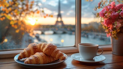 Delicious french croissants on romantic background of Eiffel tower. Created with Generative AI.	