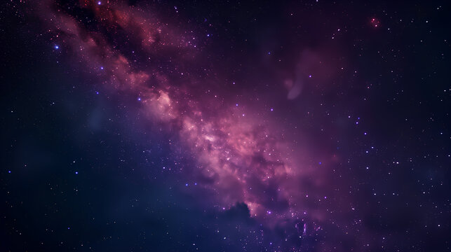 A beautiful purple sky with a large cloud of pinkish-purple stars. The stars are scattered throughout the sky, creating a sense of depth and wonder. The image evokes a feeling of awe