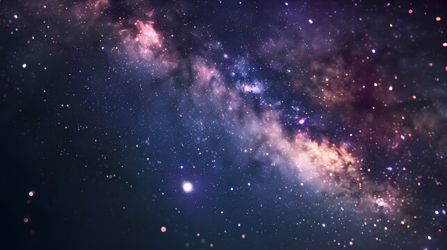 A beautiful purple sky with a large cloud of pinkish-purple stars. The stars are scattered throughout the sky, creating a sense of depth and wonder. The image evokes a feeling of awe