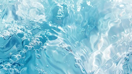 Transparent blue clear water surface texture with ripples, splashes and bubbles. - obrazy, fototapety, plakaty