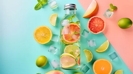 Foto op Plexiglas Healthy drink in a stylish glass bottle with fruit slices and ice cubes, fitness, hydration on colorful table background  © Катерина Спіжевска