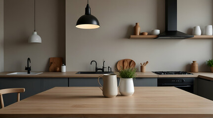 Minimal Empty light color table template for showing products on background of kitchen room interior.generative.ai