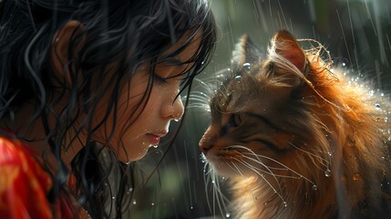 A girl crying tears of joy as she reunites with her long-lost pet. - obrazy, fototapety, plakaty