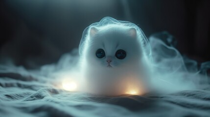 cute cartoon white ghost cat floating in the air. Happy Halloween Holidays. Created with Generative AI.	