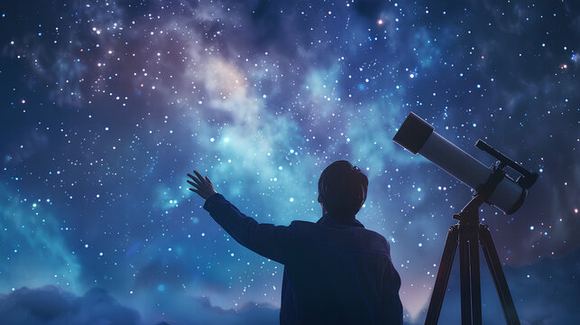 person holding a telescope, The image is a beautiful night sky with stars and a man looking through a telescope The man is in silhouette and is kneeling on the ground