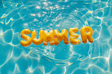 Overhead view of a swimming pool with the word Summer written from inflatable pool floats