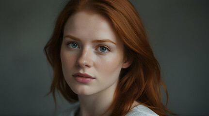Fototapeta premium Beauty portrait of mystery smiling ginger woman with long hair.generative.ai