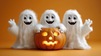 3 little ghosts with a Halloween celebration. Created with Generative AI.