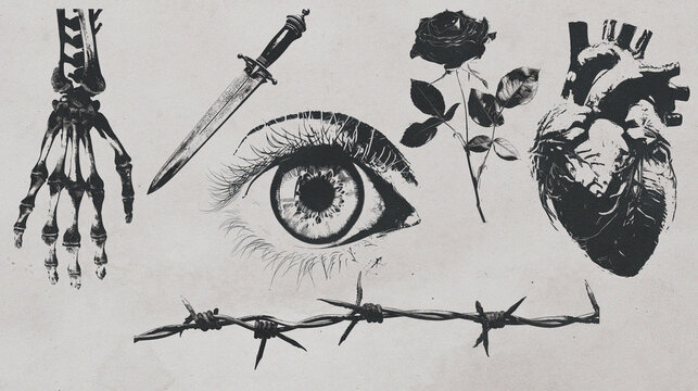 Retro Gothic Romance: Photocopy-Styled Elements for Valentine's Day, Featuring Broken Hearts, Barbed Wire, and Y2K Graphics with Grain and Vector Dot Texture