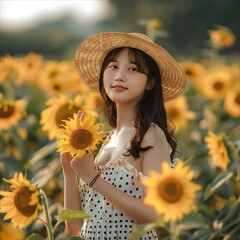 Chinese Girl in Polka Dot Dress and Straw Hat Posing with Sunflower in Sunny Sunflower Field