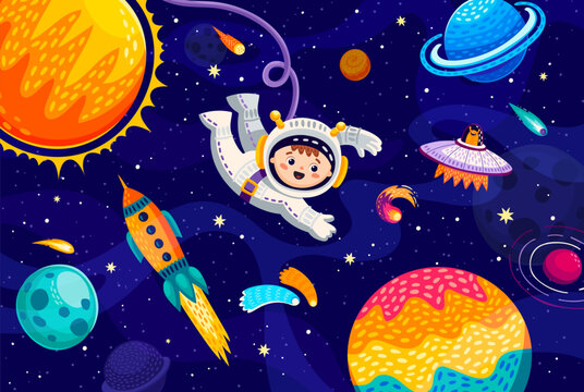 Kid astronaut in outer space, galaxy planets, stars and starcraft. Cartoon boy character in outer space with ufo and shuttle. Little cosmonaut exploring universe expanse, floats in weightlessness