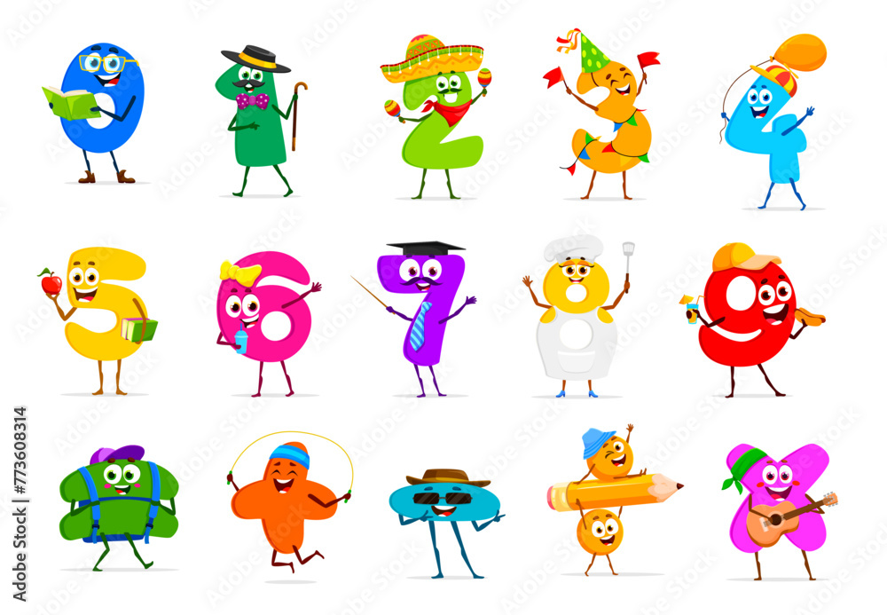 Poster cartoon funny math number characters. cute digits and mathematics signs personages with happy faces 