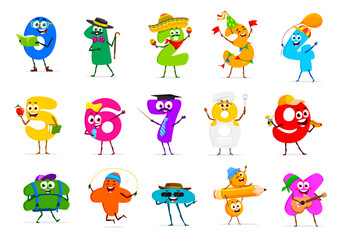Cartoon funny math number characters. Cute digits and mathematics signs personages with happy faces and smiles. Color numbers, addition, subtraction and multiplication, equals and division symbols