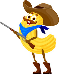 Cartoon Italian pasta cowboy and sheriff, bandit and robber, ranger character. Macaroni pasta Texas cowboy mascot, Italian cuisine meal Wild West bandit or noodle Western sheriff vector cute personage