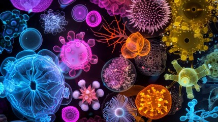 A comparison of cells from various animals highlighting their diverse shapes and sizes in the microscopic world. - obrazy, fototapety, plakaty