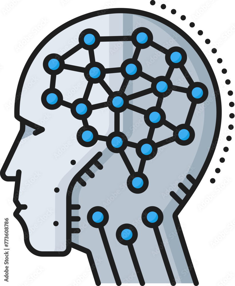 Poster Artificial intelligence algorithm, AI machine learning thin line color icon. Robotic smart algorithm, artificial intelligence technology outline vector icon with android or cyborg artificial brain