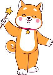 Cartoon japanese happy shiba inu puppy dog character with magic wand. Cute kawaii pet personage of vector brown dog animal playing with star stick. Japanese shiba inu puppy with funny smiling face