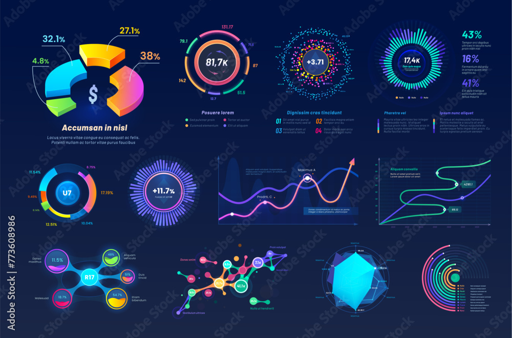 Leinwandbilder UI interface graphs and charts, infographic elements, futuristic dashboard data diagrams vector templates. Modern dashboard screen with bar, line, circular and timeline graphs, mind map and pie charts