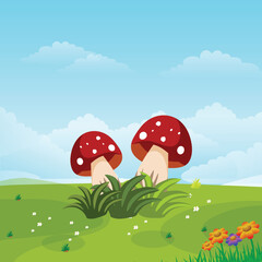 red mushrooms with green grass and blue sky vector illustration