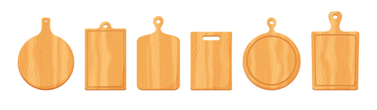 Cartoon wooden kitchen chopping boards, vector food cooking tools. Isolated round and paddle shape cutting or chopping boards set with brown wood texture. Restaurant and household kitchen utensils