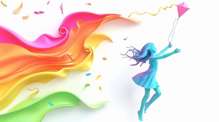 3D render clay style of children flying kite, isolated on white background