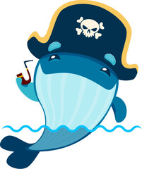 Cartoon kawaii whale pirate captain character. Marine cute animal, oceanarium aquarium cheerful mascot or ocean wildlife isolated vector personage. Whale corsair funny character with smoking pipe