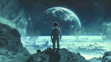 A space explorer stands on the edge of a crater their back to the viewer as they come face to face with a group of unidentifiable . . - obrazy, fototapety, plakaty
