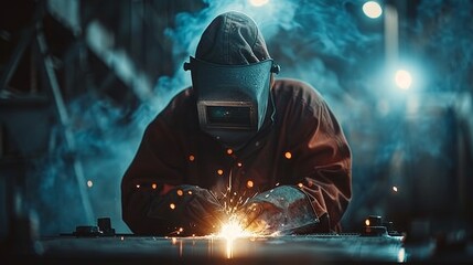 A welder's dedication illuminated by the bright arc of welding flame - obrazy, fototapety, plakaty