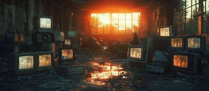 Many outdated computer monitors abandoned as a pile of garbage. Environmental problems that come from electronic waste