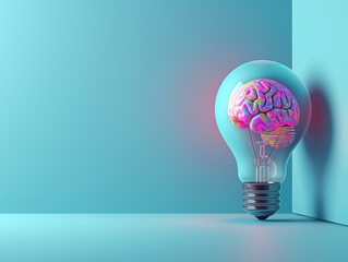 In a corner with copy space, a 3D minimalist lightbulb with a colorful brain pattern symbolizes creative energy against a serene pastel indigo background.