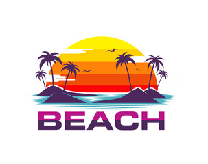 Tropical summer beach icon featuring palm trees on islands, vibrant sunset, and turquoise ocean waves. Isolated vector label with paradise, summertime vacation, exotic travel and relax on resort