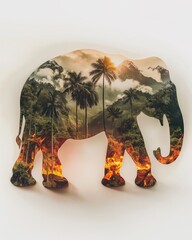 An elephant silhouette covered in a deep green jungle with trees, mountains, and animals; the bottom of the jungle is on fire, and the background is white,