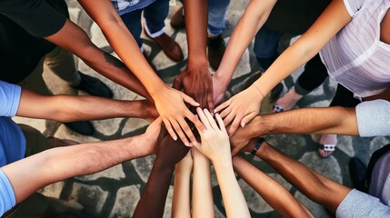 Team Of Diverse Workers Put Hands Together, concept of teamwork, success, cooperate and human resources .