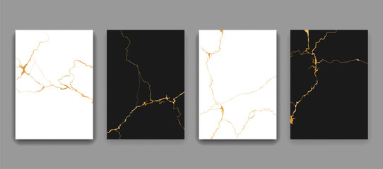 Kintsugi gold cracks marble texture patterns. Abstract golden lines on black and white stone backgrounds. Modern wall decor of vintage japanese art, kintsugi or kintsukuroi gold cracks patterns set