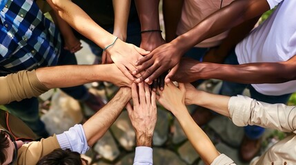 Team Of Diverse Workers Put Hands Together, concept of teamwork, success, cooperate and human resources .
