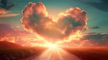 Road leads to heaven, Glowing saint glory covered heart shaped clouds in sky, religion backgrounds, love and save concept. - obrazy, fototapety, plakaty