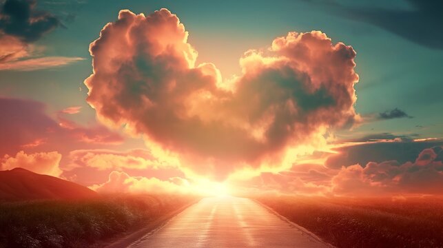 Road leads to heaven, Glowing saint glory covered heart shaped clouds in sky, religion backgrounds, love and save concept.