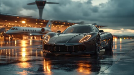 Super car and private jet on landing strip. Business class service at the airport. Created with Generative AI.