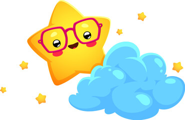 Cartoon cute cheerful kawaii star and happy twinkle character. Isolated vector celestial toon personage in glasses, gleefully shines in sky amidst fluffy clouds, spreading charming joy and radiance