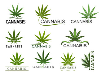 Cannabis marijuana leaf icons. Vector medical canabis, hemp or weed plant green leaves isolated labels set of organic herbal drugs, cbd oil and recreational cannabis smoking blend packages