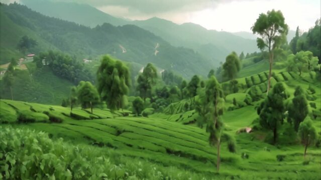 video beautiful view of the tea gardens in the mountains