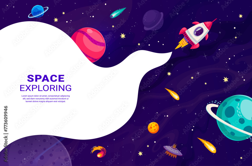 Poster cartoon space rocket in galaxy between stars and planets in starry sky, vector background. space exp